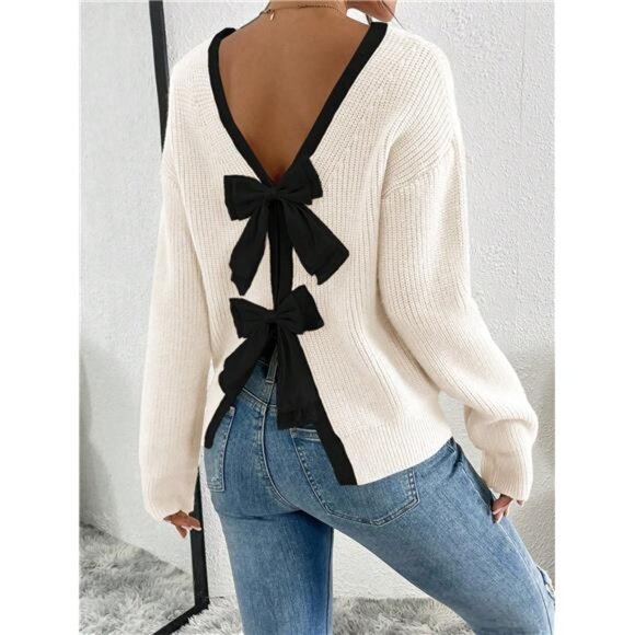 Women's Contrast Color Trim Bow Decor Back Split Sweater - Picture 5 of 7